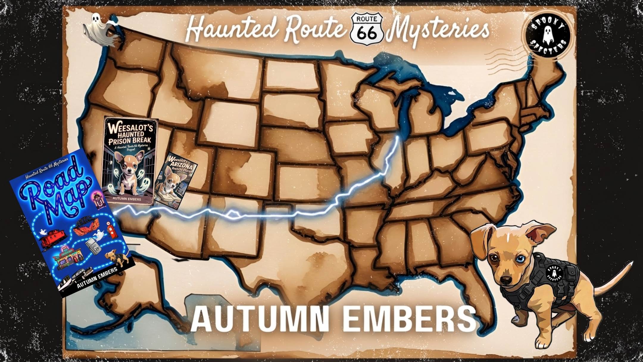 Haunted Route 66 Mysteries series roadmap showing Route 66 from California to Chicago